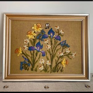 Vintage 70’s Crewel Embroidery Framed Art Garden Bee Floral Flowers